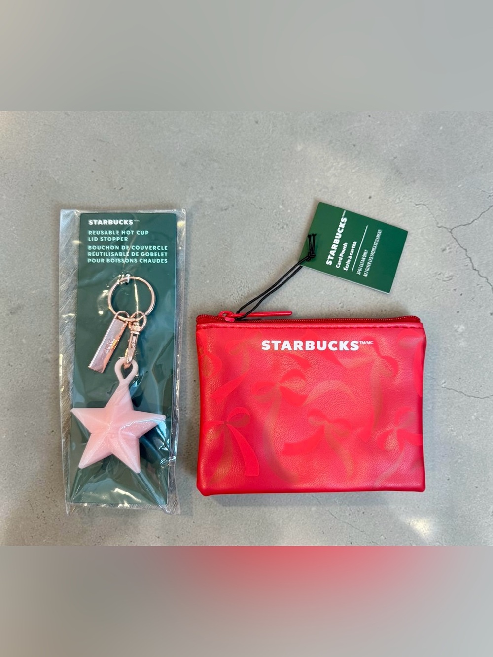 Starbucks Red Zip Pouch with Pink Star Keychain/Reusable Hot Cup Lid Stopper